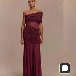 Meshki One-Shoulder Ruched Mesh Maxi Dress in Burgundy